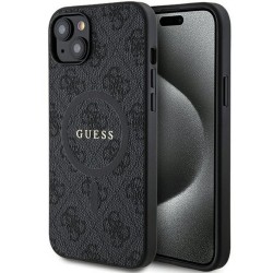Оригинален кейс Guess 4G Collection Leather Metal Logo MagSafe, За iPhone 15 (6.1), Черен