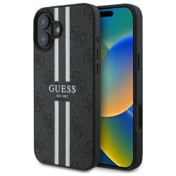 Оригинален кейс Guess 4G Printed Stripes MagSafe, За iPhone 16 (6.1), Черен
