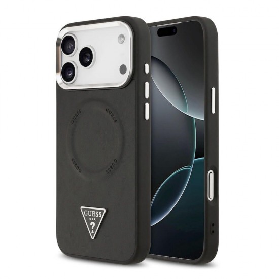 Оригинален кейс Guess Leather Triangle Metal Logo, За iPhone 17 Pro (6.3), Черен от Fonax.bg