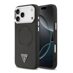 Оригинален кейс Guess Leather Triangle Metal Logo, За iPhone 17 Pro (6.3), Черен