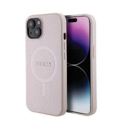 Оригинален кейс Guess Saffiano MagSafe, За iPhone 15 (6.1), Розов