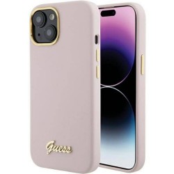 Оригинален кейс Guess Silicone Script Metal Logo and Frame, За iPhone 15 (6.1), Розов