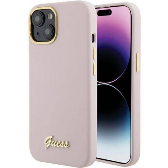 Оригинален кейс Guess Silicone Script Metal Logo and Frame, За iPhone 15 (6.1), Розов от Fonax.bg