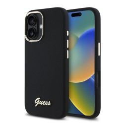 Оригинален кейс Guess Silicone Script Metal Logo and Frame, За iPhone 16 (6.1), Черен