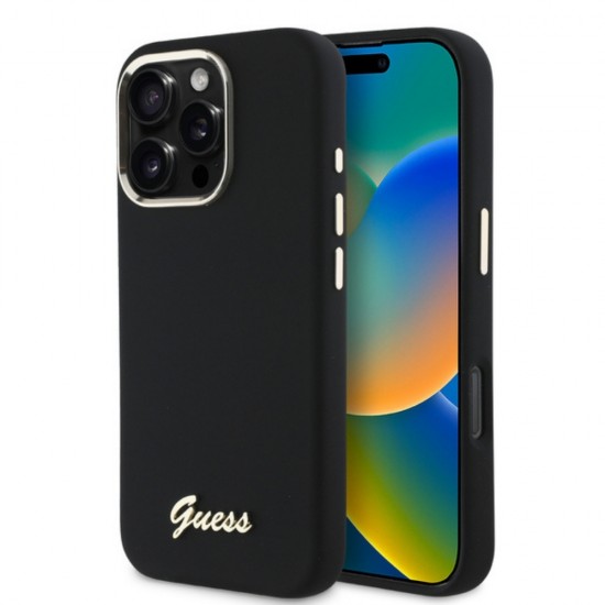 Оригинален кейс Guess Silicone Script Metal Logo and Frame, За iPhone 16 Pro (6.3), Черен от Fonax.bg