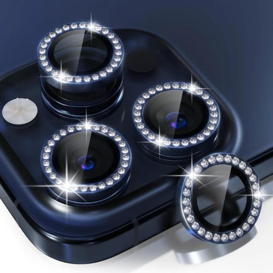 Стъклен протектор с метални рингове и камъни за задна камера MBX за Apple iPhone 15 Pro, 15 Pro Max, Син от Fonax.bg