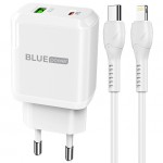 Зарядно устройство комплект BLUE Power BLN5 PD20W, QC3.0, 220V, с кабел 1м Lightning-USB-C, Бял