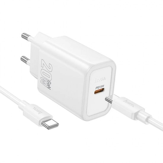 Зарядно устройство комплект HOCO N60, 20W, 3A, 1x USB-C + кабел USB-C, Бяло от Fonax.bg