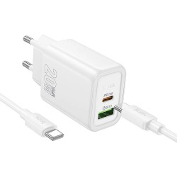Зарядно устройство комплект HOCO N61, 20W, 3A, 1x USB-C 1x USB-A + кабел USB-C - USB-C, Бяло