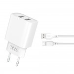Зарядно устройство комплект XO CE02C 2x USB 2,1A + Micro USB кабел, Бяло