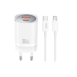 Зарядно устройство комплект XO CE21 PD 30W 1x USB-C 1x USB + USB-C - Lightning кабел, Бяло