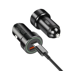 Зарядно устройство за кола комплект XO TZ11 с USB-A и USB-C изход QC 3.0, Метален, с кабел Lightning-USB-C, 12V, 3A, Черен