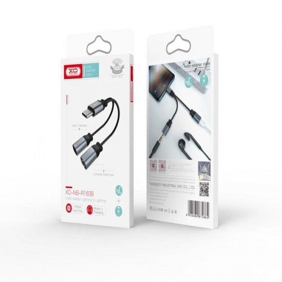 Кабел AUX splitter XO, Type C към женски 3.5 жак и женско Type C, Черен от Fonax.bg