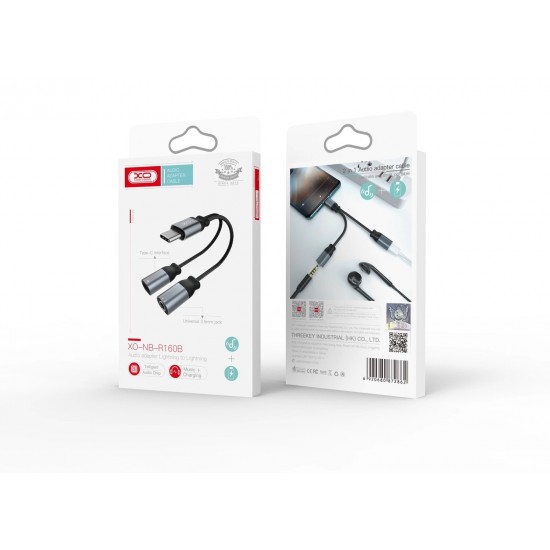 Кабел AUX splitter XO, Type C към женски 3.5 жак и женско Type C, Черен от Fonax.bg