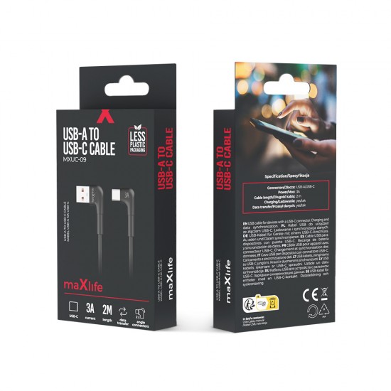 Кабел USB-A - USB-C ъглов, Maxlife MXUC-09 2м 3A, Черен от Fonax.bg
