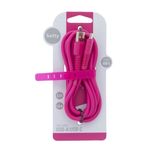 Кабел USB Setty Barbie Style 1.5м, 2.1A, USB-Type C, с подсилени конектори, Цикламен от Fonax.bg