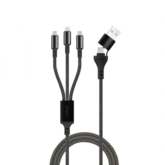 Кабел USB + Type C Maxlife ALLin1 Lightning + 2x USB-C 1,0 m 66W, Черен от Fonax.bg