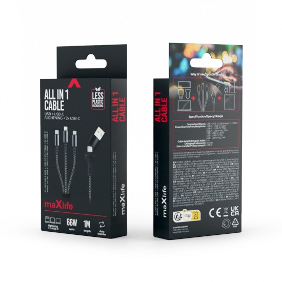 Кабел USB + Type C Maxlife ALLin1 Lightning + 2x USB-C 1,0 m 66W, Черен от Fonax.bg