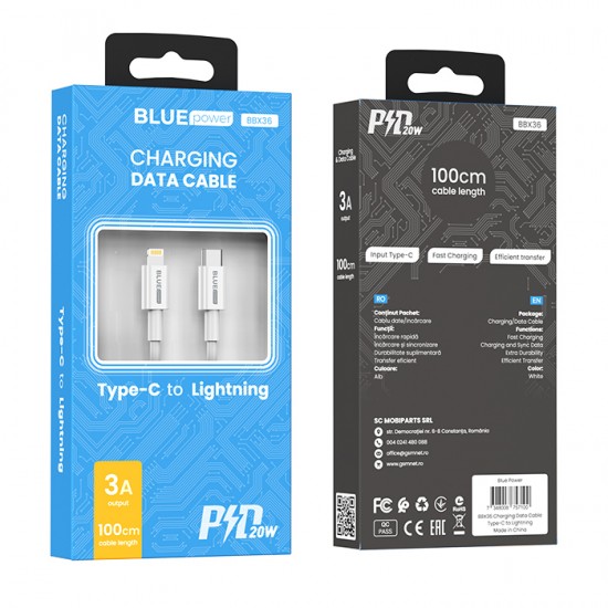 Кабел USB BLUE Power BBX36 Type C-Lightning, 1м, 3A, в кутия, Бял от Fonax.bg