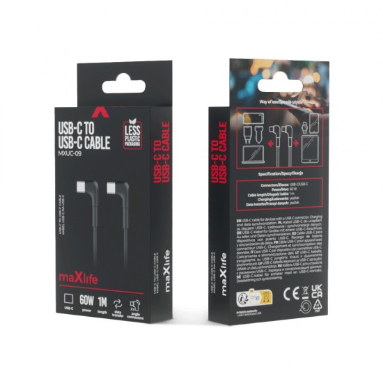 Кабел USB-C - USB-C ъглов, Maxlife MXUC-09 1м 60W, Черен от Fonax.bg