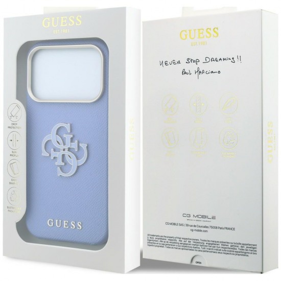 Оригинален кейс Guess Grained Big Resin Logo, за iPhone 18 Pro / 17 Pro, светлосин