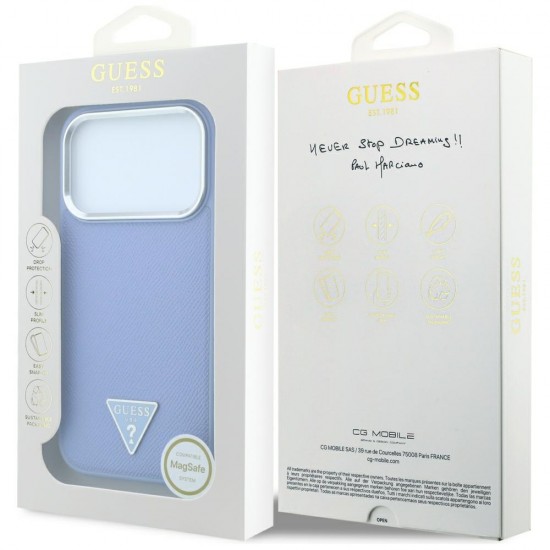 Оригинален кейс Guess Grained Triangle Logo MagSafe, за iPhone 18 Pro Max / 17 Pro Max, светлосин