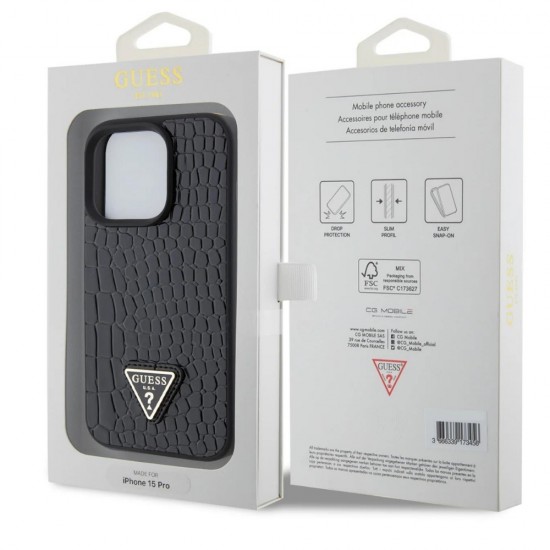 Оригинален кейс Guess HC Croco Triangle Metal Logo, За iPhone 15 Pro (6.1), Черен от Fonax.bg
