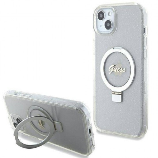 Оригинален кейс Guess Ring Stand Script Glitter MagSafe, За iPhone 15 Plus (6.7), Прозрачен от Fonax.bg