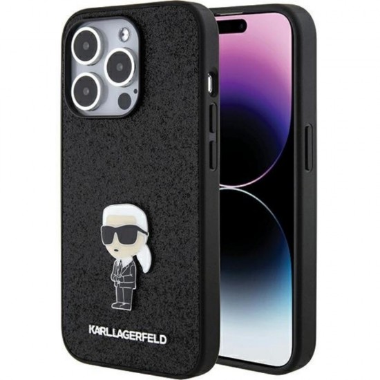 Оригинален кейс Karl Lagerfeld Fixed Glitter Ikonik Logo Metal Pin, За iPhone 15 Pro (6.1), Черен от Fonax.bg