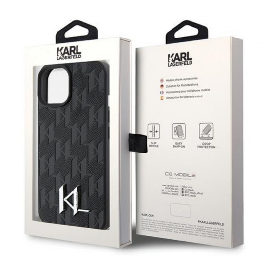 Оригинален кейс Karl Lagerfeld Leather Monogram Hot Stamp Metal Logo, За iPhone 15 (6.1), Черен от Fonax.bg