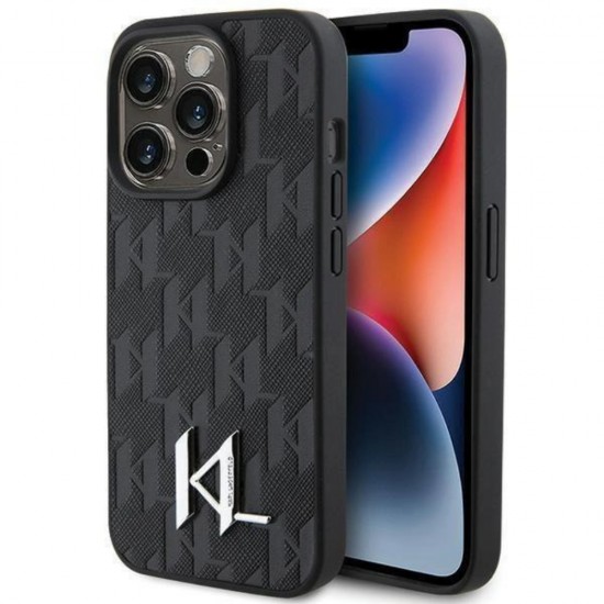 Оригинален кейс Karl Lagerfeld Leather Monogram Hot Stamp Metal Logo, За iPhone 15 Pro (6.1), Черен от Fonax.bg
