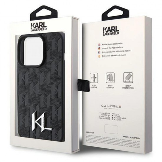 Оригинален кейс Karl Lagerfeld Leather Monogram Hot Stamp Metal Logo, За iPhone 15 Pro (6.1), Черен от Fonax.bg