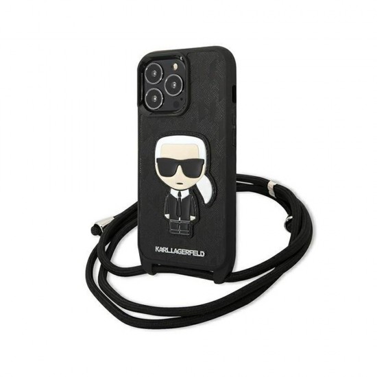 Оригинален кейс Karl Lagerfeld Leather Monogram Patch and Cord Iconik, За iPhone 13 Pro (6.1), Черен от Fonax.bg