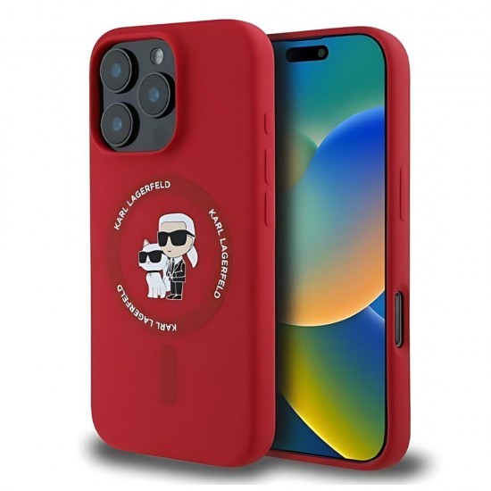 Оригинален кейс Karl Lagerfeld Silicone Karl and Choupette Heads MagSafe, За iPhone 16 Pro (6.3), Червен от Fonax.bg