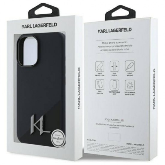Оригинален кейс Karl Lagerfeld Silicone Shadow Metal Initial MagSafe, За iPhone 16 (6.1), Черен от Fonax.bg