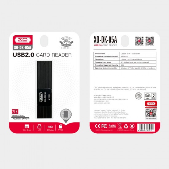 Адаптер XO DK05A USB card reader 2in1 SD и micro SD, Черен от Fonax.bg