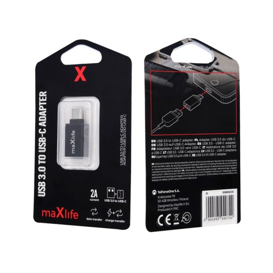 Адаптер Maxlife, USB 3.0 към Type C, Черен от Fonax.bg