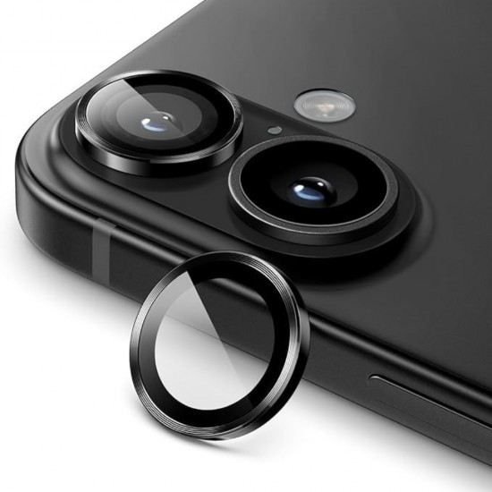 Стъклен протектор с метални рингове за задна камера MBX за Apple iPhone 16, 16 Plus, Черен от Fonax.bg
