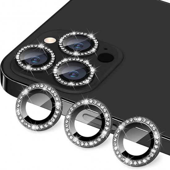 Стъклен протектор с метални рингове и камъни за задна камера MBX за Apple iPhone 15 Pro, 15 Pro Max, Черен от Fonax.bg