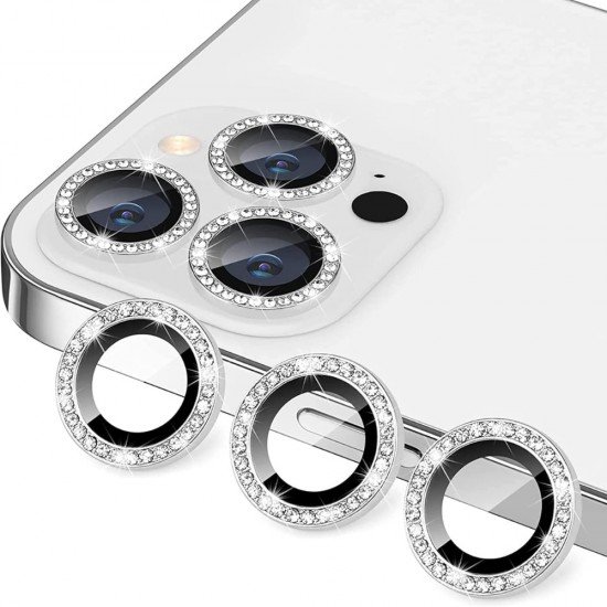Стъклен протектор с метални рингове и камъни за задна камера MBX за Apple iPhone 15 Pro, 15 Pro Max, Сребрист от Fonax.bg