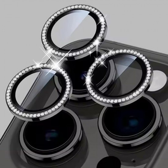 Протектор задна камера метални рингове с камъни MBX за iPhone 17 Pro, 17 Pro Max, Черен