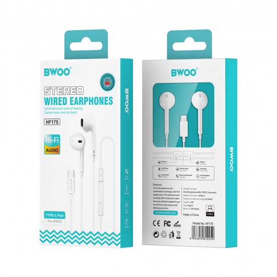 Слушалки BWOO HF175 с USB-C дигитален интерфейс, бели