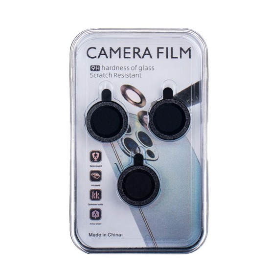 Стъклен протектор с метални рингове с брокат за задна камера MBX за Apple iPhone 15, 15 Plus, Черен от Fonax.bg