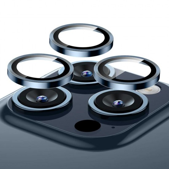 Стъклен протектор с метални рингове за задна камера MBX за Apple iPhone 15 Pro, 15 Pro Max, Тъмносин от Fonax.bg