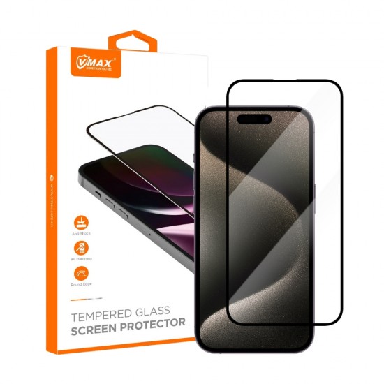 Стъклен протектор за дисплей Vmax 9D с цяло лепило, За iPhone 15 Pro Max (6.7), Черен от Fonax.bg