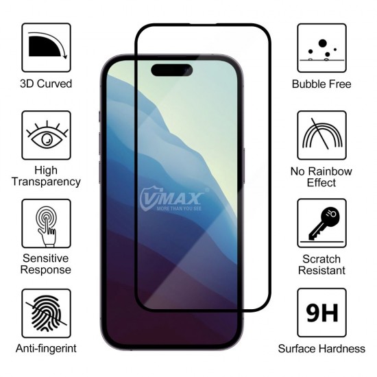 Стъклен протектор за дисплей Vmax 9D с цяло лепило, За iPhone 16 Plus (6.7), Черен от Fonax.bg
