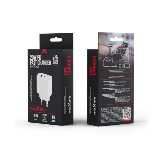 Зарядно устройство Maxlife MXTC-06 PD QC, 20W, 220V, с USB и Type C изход, Бял от Fonax.bg