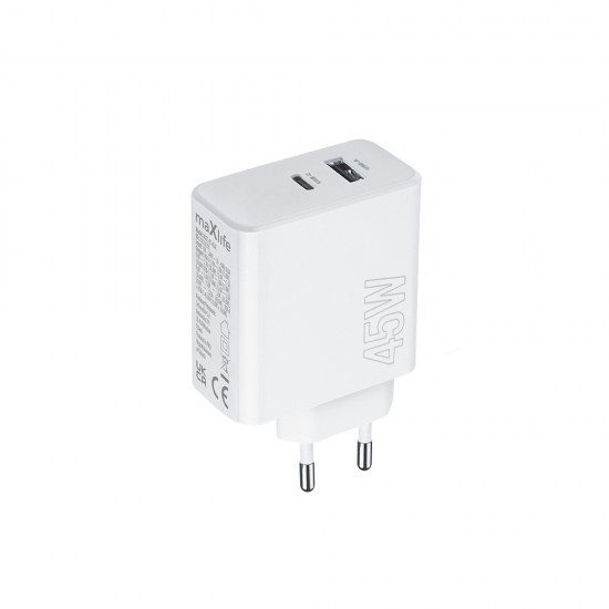 Зарядно устройство Maxlife MXTC-07-45AC PD QC 1x USB-C 1x USB 45W , Бяло от Fonax.bg