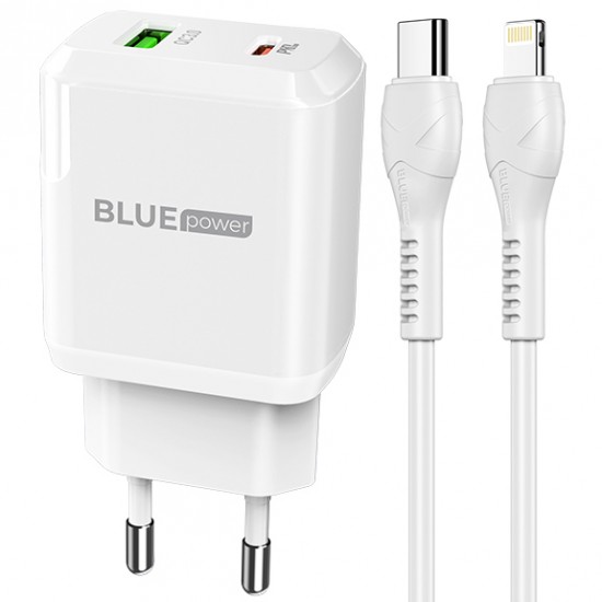 Зарядно устройство комплект BLUE Power BLN5 PD20W, QC3.0, 220V, с кабел 1м Lightning-Type C, Бял от Fonax.bg