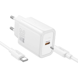 Зарядно устройство комплект HOCO N60 GaN, PD 20W, 3A, 1x USB-C + кабел USB-C, Бяло